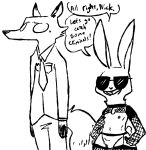  2020 anthro barely_visible_genitalia barely_visible_pussy black_and_white breasts canid canine clothed clothing dialogue disney duo english_text eyewear female fishnet fox fully_clothed fur genitals judy_hopps lagomorph leporid male mammal monochrome mostly_nude nick_wilde nipples pussy rabbit red_fox simple_background speech_bubble standing sunglasses text the_weaver white_background zootopia 