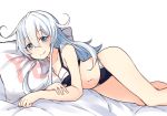  1girl blue_bra blue_eyes blue_hair blue_panties blush bow bow_panties bra closed_mouth eyebrows_visible_through_hair hair_between_eyes hibiki_(kantai_collection) highres kantai_collection long_hair looking_at_viewer lying matsunoki_(unknown_751) navel on_bed on_side panties polka_dot polka_dot_bra polka_dot_panties simple_background smile solo underwear underwear_only white_background yes-no_pillow 