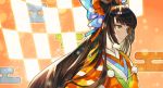  1girl bow brown_hair dpea9 egasumi fate/grand_order fate_(series) hair_bow hair_ornament hairclip highres japanese_clothes kimono layered_clothing layered_kimono long_hair orange_background sei_shounagon_(fate) smile very_long_hair yellow_eyes 