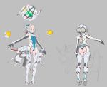  1girl ass blue_eyes bodysuit breasts character_request closed_mouth covered_navel grey_background grey_hair high_heels highres jet_engine multiple_views nagisa_kurousagi r-type short_hair simple_background small_breasts 