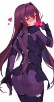  1girl ass bangs blush bodysuit breasts fate/grand_order fate_(series) gae_bolg hair_intakes highres large_breasts long_hair looking_at_viewer looking_back pauldrons purple_bodysuit purple_hair red_eyes saisarisu scathach_(fate)_(all) scathach_(fate/grand_order) simple_background solo white_background 