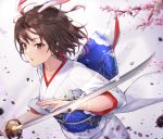  1girl bangs black_cola blush branch brown_eyes brown_hair debris fate/grand_order fate_(series) floating_hair floral_print flower holding holding_sword holding_weapon japanese_clothes kara_no_kyoukai katana kimono long_sleeves motion_blur obi parted_lips petals ryougi_shiki sash short_hair solo sword unsheathed upper_body v-shaped_eyebrows weapon white_background white_kimono 