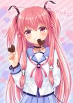 1girl angel_beats! bangs black_choker blue_sailor_collar blue_skirt blush brown_ribbon candy chocolate chocolate_heart choker collarbone commentary_request diagonal-striped_background diagonal_stripes eyebrows_visible_through_hair food food_in_mouth grin hair_between_eyes hair_ribbon hand_up happy_valentine heart heart_background highres holding holding_food long_hair looking_at_viewer mouth_hold nakamura_hinato neckerchief pink_hair pink_neckwear pleated_skirt red_eyes ribbon sailor_collar shinda_sekai_sensen_uniform shirt skirt smile solo striped striped_background two_side_up valentine very_long_hair white_shirt yui_(angel_beats!) 