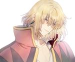  1boy blonde_hair closed_mouth collarbone earrings high_collar howl_(howl_no_ugoku_shiro) howl_no_ugoku_shiro jacket_on_shoulders jewelry looking_at_viewer male_focus mgmg_1012 open_clothes short_hair simple_background smile solo upper_body white_background 