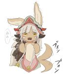  1other androgynous animal_ears blush candy chocolate chocolate_heart eyebrows_visible_through_hair food food_in_mouth furry heart helmet highres kawasemi27 long_hair looking_at_viewer made_in_abyss mouth_hold nanachi_(made_in_abyss) solo speech_bubble tail tearing_up translation_request whiskers white_hair yellow_eyes 