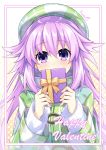  1girl adult_neptune artist_name bangs beret binato_lulu blush box checkered checkered_hat checkered_jacket choujigen_game_neptune commentary_request covering_mouth eyebrows_visible_through_hair gift gift_box hair_between_eyes hair_flaps hat holding holding_gift jacket long_hair long_sleeves looking_at_viewer neptune_(series) pink_hair purple_eyes purple_hair shiny shiny_hair sidelocks solo sweater upper_body valentine white_sweater 