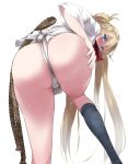  1girl ass ass_focus bangs bare_hips bent_over blonde_hair blue_eyes blush bradamante_(fate/grand_order) breasts commentary_request eyebrows_visible_through_hair fate/grand_order fate_(series) from_behind fundoshi groin hand_on_thigh highres japanese_clothes large_breasts legs legs_apart long_hair lower_body rope shirt short_sleeves simple_background single_thighhigh solo sweat tango_(tn500) thighhighs thighs tied_shirt twintails very_long_hair waist_down white_background 