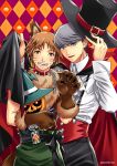  2boys :d argyle argyle_background bangs black_cape black_headwear black_pants brown_eyes brown_gloves brown_hair cape chain collar collared_shirt dress_shirt fangs fur-trimmed_gloves fur_trim gloves green_pants grey_eyes halloween halloween_costume hanamura_yousuke hat highres holding holding_hat long_sleeves looking_at_viewer male_focus multiple_boys narukami_yuu open_mouth pants paw_gloves paws persona persona_4 pumpkin sato-pon shirt silver_hair sleeveless smile suspenders swept_bangs twitter_username vampire werewolf white_shirt wing_collar 