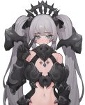  1girl absurdres armor bare_legs blue_eyes blush closed_mouth eyebrows_visible_through_hair gauntlets grey_hair highres jewelry long_hair navel necklace original rabbit_(wlsdnjs950) simple_background slit_pupils solo twintails upper_body v vambraces white_background 