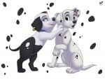  101_dalmatians 2019 4_toes :o black_ears black_nose canid canine canis collar dalmatian disney domestic_dog duo ear_piercing ear_ring feral green_eyes looking_aside looking_at_another looking_away looking_back mammal o-ruff open_mouth open_smile piercing simple_background smile spots toes two-tone_(101_dalmatians) white_background white_body 