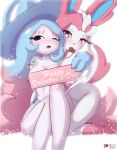  &lt;3 &lt;3_eyes blue_hair blush bow breasts candy chocolate clothing convenient_censorship cuddling eeveelution english_text female food hair hat hatterene headgear headwear holding_in_mouth kneeling nintendo nude pink_hair pok&eacute;mon pok&eacute;mon_(species) rilex_lenov sign sitting sylveon text video_games witch_hat 