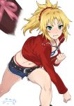  1girl belt blonde_hair blush clenched_hands cropped_jacket cutoff_jeans cutoffs denim denim_shorts fate/grand_order fate_(series) green_eyes highres jewelry mordred_(fate)_(all) navel necklace nose_blush panties pink_ribbon ponytail red_background red_panties red_scrunchie ribbon scrunchie shorts solo suna tearing_up throwing tsundere underwear valentine white_background 