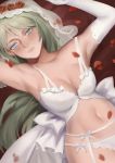  1girl absurdres alternate_costume armpits blue_eyes blush bow bra breasts bridal_veil chinese_commentary cleavage commentary_request dress dsp0355 elbow_gloves famas_(girls_frontline) flower garter_belt garter_straps girls_frontline gloves green_hair highres lace-trimmed_veil looking_at_viewer lying medium_breasts no_pants no_shirt on_back panties petals rose rose_petals smile solo underwear veil wedding_dress white_bow white_bra white_gloves white_panties 