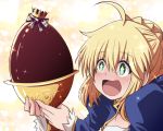  1girl ahoge artoria_pendragon_(all) blonde_hair blue_ribbon blush braid fate/grand_order fate/stay_night fate_(series) french_braid fujitaka_nasu green_eyes hair_between_eyes hair_ribbon holding open_mouth ribbon saber sidelocks solo star star-shaped_pupils symbol-shaped_pupils upper_body 