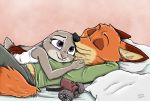  2020 anthro canid canine clothed clothing cuddling disney duo fox fur gas_mask grey_body grey_fur hug judy_hopps lagomorph leporid mammal mask nick_wilde orange_body orange_fur purple_eyes rabbit romantic_ambiance romantic_couple ziegelzeig zootopia 