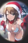  1girl ;) bangs bikini blue_bikini blurry blurry_foreground breasts brown_eyes brown_hair carrying_over_shoulder cleavage closed_mouth commentary depth_of_field emblem finnish_text fur-trimmed_gloves fur-trimmed_legwear fur_trim girls_und_panzer gloves hat holding holding_sack instrument kantele keizoku_(emblem) large_breasts leaning_forward long_hair looking_at_viewer mika_(girls_und_panzer) navel night one_eye_closed peephole pov red_gloves red_headwear red_legwear red_scarf sack santa_costume santa_hat scarf smile snowing solo standing striped striped_bikini swimsuit teoshiguruma thighhighs 