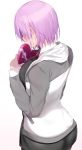  1girl absurdres blue_gk blush fate/grand_order fate_(series) from_behind highres hood hoodie lavender_hair mash_kyrielight necktie pantyhose red_neckwear short_hair solo valentine white_background 