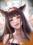  1girl animal_ears bangs bare_shoulders blunt_bangs blurry blurry_background brawler_(dungeon_and_fighter) brown_hair cat_ears collarbone dungeon_and_fighter facial_scar fangs flute_(artist) grey_eyes highres long_hair open_mouth scar scratches smile solo tongue 