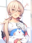  1girl bangs blonde_hair blurry blurry_background blush breasts eyebrows_visible_through_hair fang hair_between_eyes hair_over_shoulder large_breasts long_hair looking_at_viewer mutsuba_fumi nijisanji nui_sociere open_mouth ponytail solo upper_body virtual_youtuber window yellow_eyes 