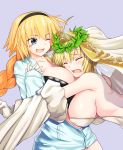  2girls bodysuit braid bridal_veil fate/extra fate/grand_order fate_(series) flower_wreath french_braid hair_intakes head_wreath highres jeanne_d&#039;arc_(fate) jeanne_d&#039;arc_(fate)_(all) multiple_girls nero_claudius_(bride)_(fate) nero_claudius_(fate) nero_claudius_(fate)_(all) padlocked_collar tsudzuki_yoshio veil white_background white_bodysuit 