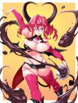  1girl :q absurdres bare_shoulders black_footwear boots bowl breasts chocolate cleavage commentary_request demon_girl demon_wings detached_sleeves drill_hair highres horns large_breasts long_hair midriff navel one_eye_closed onsoku_inu original pink_hair pink_legwear pink_sleeves pointy_ears skindentation solo succubus symbol-shaped_pupils thighhighs tongue tongue_out twin_drills wings yellow_background 