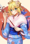  1girl 2020 ahoge alternate_costume artoria_pendragon_(all) bell blush crown fate/grand_order fate_(series) flower fur-trimmed_kimono fur_trim green_eyes hair_flower hair_ornament happy_new_year japanese_clothes kimono new_year obi saber sakurasakimasu4 sash smile solo white_background 