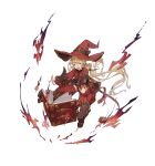  1girl belt belt_buckle blonde_hair book boots brown_belt brown_hair buckle floating hat long_hair open_book open_mouth orange_eyes original pointy_ears red_headwear simple_background solo sunligh_mao teeth tongue twintails witch_hat 