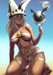  1girl beltbra breasts commentary_request dark_skin guilty_gear guilty_gear_xrd hat large_breasts long_hair looking_at_viewer orange_eyes ramlethal_valentine short_shorts shorts thigh_strap underboob white_hair yoshimura_tatsumaki 