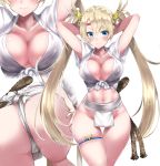  &gt;:) 1girl arms_behind_head arms_up ass ass_focus bangs bare_hips blonde_hair blue_eyes blue_sky blush bradamante_(fate/grand_order) breasts cleavage close-up closed_mouth cloud commentary_request day dutch_angle eyebrows_visible_through_hair fate/grand_order fate_(series) from_behind fundoshi groin headband highres japanese_clothes large_breasts long_hair lower_body navel outdoors rope shirt short_sleeves sky smile smug solo sweat tango_(tn500) thigh_gap thigh_strap thighs tied_shirt twintails very_long_hair waist_down wet wide_hips 