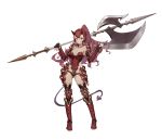  1girl armor axe breasts cleavage collarbone greaves horns huge_weapon long_hair original over_shoulder pauldrons ponytail red_eyes red_hair simple_background smile solo standing sunligh_mao tail teeth vambraces w weapon weapon_over_shoulder white_background 