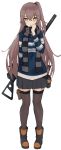  1girl absurdres belt_pouch boots brown_hair brown_legwear casual commentary full_body girls_frontline gun heart heart-shaped_pupils hiepita97 highres holding_scarf long_hair looking_at_viewer miniskirt orange_eyes parted_lips pouch rifle rifle_on_back scar scar_across_eye scarf side_ponytail simple_background skirt solo striped striped_scarf sweater symbol-shaped_pupils thigh_pouch thighhighs ump45_(girls_frontline) very_long_hair weapon white_background zettai_ryouiki 