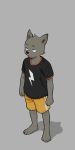  anthro biped bottomwear canid canine canis clothing cub domestic_dog fffffolder fur grey_background hi_res male mammal plantigrade shirt shorts simple_background t-shirt topwear young 