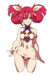  1girl bare_shoulders collarbone coon heart heart-shaped_pupils jinx_(league_of_legends) league_of_legends long_hair navel orange_eyes parted_lips red_hair sharp_teeth smile swimsuit symbol-shaped_pupils teeth twintails 
