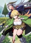  1boy 1girl bangs bike_shorts blonde_hair breasts brown_footwear bush character_request choker cleavage coat collarbone dagger elf eyebrows_visible_through_hair green_coat green_eyes hair_between_eyes hand_up highres himajin_maou_no_sugata_de_isekai_e holding holding_dagger holding_sword holding_weapon katsurai_yoshiaki large_breasts leg_up long_hair long_sleeves looking_at_viewer novel_illustration official_art open_clothes open_coat outdoors pointy_ears reverse_grip serious shoes shorts shorts_under_skirt skirt sword thighs town tree v-shaped_eyebrows weapon 