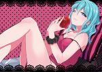  aqua_eyes aqua_hair black_scrunchie camisole girl hair_down halha_20 hatsune_miku highres lace-trimmed_camisole long_hair pink_camisole polka_dot_camisole romeo_to_cinderella_(vocaloid) scrunchie solo very_long_hair vocaloid wrist_scrunchie 