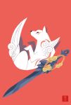  amaterasu black_eyes canid canine canis capcom deity eye_markings facial_markings feral fur head_markings jumping leg_tuft mammal markings melee_weapon red_background red_markings rikuta_tp side_view simple_background solo sword tuft video_games weapon white_body white_fur wolf ōkami 