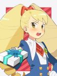  1girl big_hair blonde_hair blush box brown_eyes capcom commentary_request drill_hair gift gift_box hand_on_hip holding holding_gift incoming_gift long_hair open_mouth pekaso1118n rockman ryuusei_no_rockman shirogane_luna solo striped striped_background twin_drills twintails valentine 