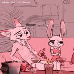  1:1 2020 anthro blush candle canid canine clothed clothing crossed_arms disney duo fire fox fully_clothed furniture hi_res inside judy_hopps lagomorph leporid mammal nick_wilde pink_theme qalcove rabbit red_fox restricted_palette sitting smile sofa wine_glass zootopia 