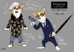  alternate_species anthro barefoot biped bodily_fluids canid canine canis clothing crossover disney domestic_dog eggsy_unwin english_text eyewear flying_sweatdrops footwear glasses gun hat headgear headwear herding_dog japanese_text kingsman_the_secret_service male mammal open_mouth pastoral_dog ranged_weapon rikuta_tp shoes solo suit sweat sweatdrop text translated umbrella weapon welsh_corgi zootopia 