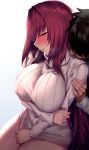  1boy 1girl absurdres bangs blush breasts fate/grand_order fate_(series) hair_intakes highres large_breasts long_hair long_sleeves lun7732 open_mouth purple_hair red_eyes scathach_(fate)_(all) scathach_(fate/grand_order) 