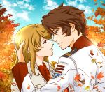  1boy 1girl autumn autumn_leaves blonde_hair blue_sky brown_eyes brown_hair collar hand_in_another&#039;s_hair imminent_kiss jacket kodai_susumu long_hair military military_jacket military_uniform mori_yuki parted_lips red_neckwear sky uchuu_senkan_yamato uchuu_senkan_yamato_2202:_ai_no_senshi-tachi uniform upper_body white_collar white_jacket yokon2199 