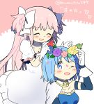  2girls ;d ^_^ arm_at_side blue_eyes blue_flower blue_hair blush breasts cape closed_eyes collarbone detached_sleeves dress eyebrows_visible_through_hair flower gloves hair_ribbon head_wreath highres kaname_madoka kirikuchi_riku leaf long_dress long_hair looking_back mahou_shoujo_madoka_magica medium_breasts miki_sayaka multiple_girls one_eye_closed open_mouth pink_background pink_flower pink_hair puffy_sleeves purple_flower red_flower ribbon short_hair simple_background smile strapless twitter_username two-tone_background two_side_up ultimate_madoka upper_body very_long_hair white_background white_cape white_dress white_gloves white_ribbon yellow_flower 