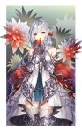  1girl apple bare_shoulders blood bloody_clothes border commentary_request dated dhkdldpa elbow_gloves eyebrows_visible_through_hair flower food fruit gauntlets gloves grey_eyes open_mouth rose showgirl_skirt sinoalice snow_white_(sinoalice) solo thighhighs white_border white_hair 