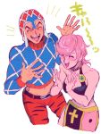  1boy 1girl blush clapping closed_eyes guido_mista highres jojo_no_kimyou_na_bouken laughing oniyama831 pink_hair short_hair trish_una vento_aureo white_background 