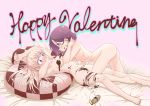  2girls akairi_bon back bed_sheet blonde_hair blue_eyes blush chocolate chocolate_on_body chocolate_on_breasts covered_mouth hair_tucking happy_valentine heart heart_pillow highres licking long_hair lying multiple_girls naked_chocolate new_game! nipple_licking nude pillow pink_background purple_hair short_hair simple_background tooyama_rin valentine yagami_kou yuri 
