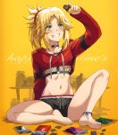  1girl bangs barefoot black_shorts blonde_hair blush braid breasts candy chocolate chocolate_bar collarbone cropped_sweater fate/apocrypha fate_(series) feet food french_braid green_eyes grin hair_ornament hair_scrunchie happy_valentine highres hood hooded_sweater knee_up legs long_hair long_sleeves midriff mordred_(fate) mordred_(fate)_(all) navel o-ring parted_bangs ponytail red_scrunchie red_sweater scrunchie short_shorts shorts sidelocks simple_background sitting small_breasts smile solo sweater tonee underboob 