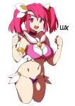  1girl armlet breasts character_name choker cleavage clenched_hands coon league_of_legends long_hair looking_at_viewer luxanna_crownguard navel open_mouth pink_hair purple_choker purple_eyes simple_background solo star swimsuit teeth tongue twintails upper_teeth white_backpack 