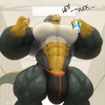  1:1 abs biceps big_muscles big_pecs claws clothing cup dialogue dinosaur genitals hi_res huge_muscles hyper hyper_muscles locker_room muscular pants_bulge pecs penis reptile scalie shirt solo tall tankh topwear vein veiny_penis wet wet_clothing wet_shirt wet_topwear 