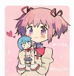  1girl :&gt; black_footwear blue_eyes blue_hair blush blush_stickers border character_doll closed_mouth doll dot_nose eyebrows_visible_through_hair flat_chest hair_ribbon happy heart high_collar holding holding_doll holding_toy juliet_sleeves kaname_madoka kirikuchi_riku long_sleeves mahou_shoujo_madoka_magica miki_sayaka mitakihara_school_uniform pink_background pink_eyes pink_hair pleated_skirt puffy_sleeves red_ribbon ribbon school_uniform short_hair short_twintails simple_background skirt smile socks solid_oval_eyes solo sparkle stitches toy twintails twitter_username uniform white_border 