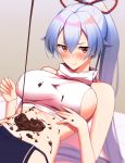  1girl bangs bare_shoulders blush breasts candy chocolate chocolate_heart closed_mouth fate/grand_order fate_(series) food hair_between_eyes heart highres kuroshiro_(ms-2420) large_breasts long_hair looking_at_viewer lying on_back ponytail pouring red_eyes sideboob silver_hair solo sweatdrop tabard tomoe_gozen_(fate/grand_order) very_long_hair 